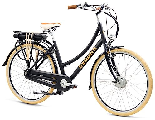 TRETWERK 28 Zoll E-Bike Damen Fahrrad Vintage Bike - Aurora - Pedelec 7 Gang Nabenschaltung - Hollandrad Elektrofahrrad Frontmotor - schwarz 50 cm