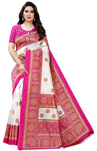IMTRA FASHION Sari stampato in seta etnica indiana con camicetta non cucita, Bianco e rosa, L