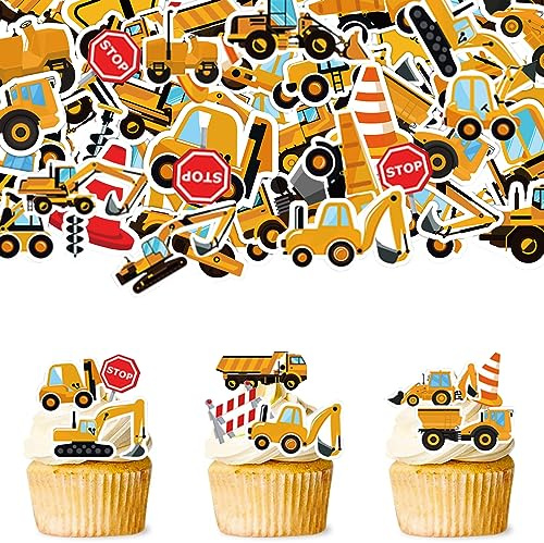 Catelves Grävmaskinstårtdekoration – 64 st ätbara byggarbetsplatsdekorationer födelsedag traktor och cupcake topper
