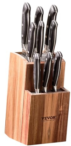 VEVOR Portacoltelli Universale, Ceppo Portacoltelli in Legno di Acacia Senza Coltelli, Supporto per Coltelli a Due Livelli con Spazzola in PP, Organizer per Coltelli in Legno Multifunzionale
