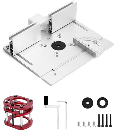 QWORK® Router Lift, set de 3 plaques d'insertion pour table de toupie, course de 51 mm, pour diamètre de moteur 64-65 mm, accessoires inclus et rapporteur 180°
