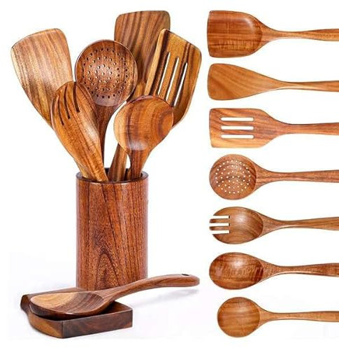 Kopinma 9-Piece Wooden Cooking Utensil Set, Teak Wood Spoons & Spatulas for Non-Stick Pans, With Holder & Rest