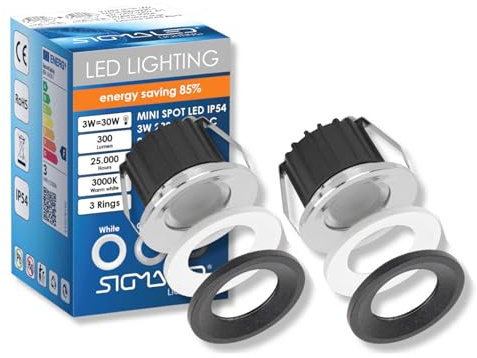 SIGMALED LIGHTING, Mini-LED-Einbaustrahler 3W, Spritzwassergeschützt für den Außenbereich, dimmbar, Warmweiß 3000K, 300 Lumen, IP54 Runde Einbauspot, 220V / 230V AC, 2er-Pack (1 Box mit 2 Stuck)