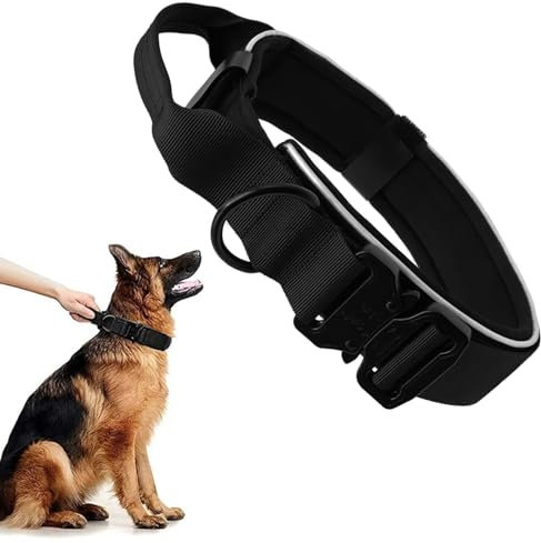 Premium Hundehalsband aus Nylon, Verstellbares Atmungsaktives Hundehalsband Weich Gepolstert, Reflektierend Halsband Hund mit Griff Halsband, 4.5 cm Breit M-XL