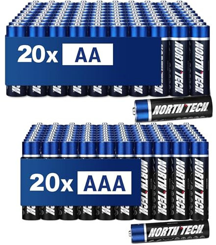 North Tech Ultra Alkaline Batterie-Set I 20 Stück AA + 20 Stück AAA Batterien 1,5V I 10 Jahre Lagerfähigkeit I Batterie Radio, Fernbedienung, Taschenlampe und Spielzeug für Kinder