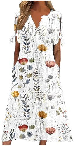 Dresses for Women UK, Holiday Essentials Ladies Summer Boho Dresses Short Sleeve Casual Beach Midi Sundress V Neck Hollow Out Eyelet Ruffle Swing A Line Flowy Vacation Dress