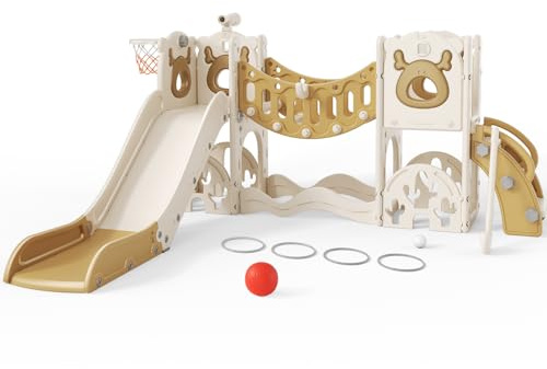 Brolteja Tobogán infantil de pie con temática de alce con canasta de baloncesto, estructura de escalada para niños pequeños, juego de tobogán de jardín para niños de 1 a 3 años en interiores y
