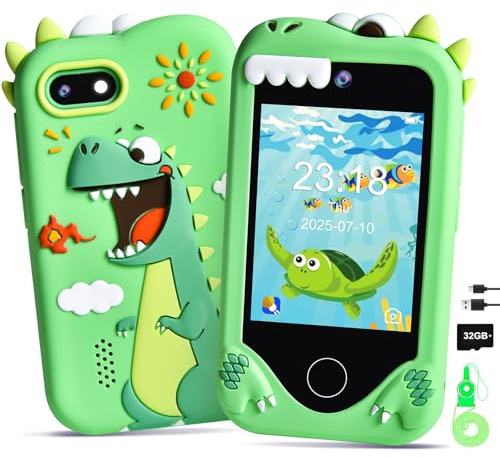 Jusvenmt Kids Phone for Boy, Dinosaur Smart Phone Gifts Toys for 3 4 5 6 7 8 9 Year Old Boys, Kids Toy Mobile Phone with Dual Cameras, 2.8 Inch Touchscreen, Music Player, Game and 32 GB Card (Green)