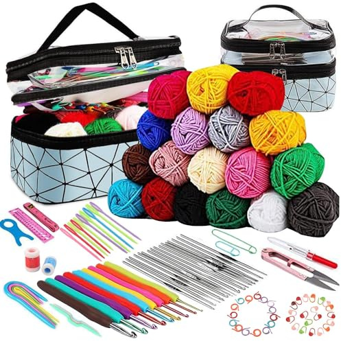 TORVEX Crochet Kits for Beginners Adults Crochet Set 18 Pcsx25g Crochet Yarns Includes Ergonomic Metal Crochet Hooks 2-6mm, Storage Bag and Knitting Accessories, Crochet Starter Kit for Adults