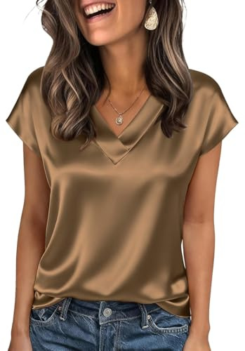 OLIPHEE Tshirt Seta Donna Elegante con Scollo a V Manica Corta Satin Blusa Donna Estiva Primavera Camica in Raso Loose Business Top da Ufficio in Tinta Unita caffè Chiaro M