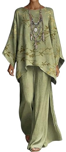 Generico Completo Donna Estivo Elegante 2 Pezzi in Lino con Bordatura Etnica Top Manica Pipistrello e Pantaloni Gamba Larga Set Boho Chic per Vacanze Mare e Tempo Libero Casual Chic