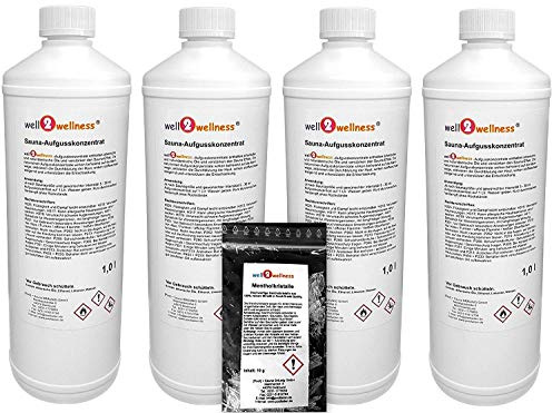 Set Olii Essenziali per Sauna 4x 1,0 L di Well2wellness + Gratis 10 G10 G Cristalli Al Mentolo - Libera Scelta Dalla oltre 180 Saunadüften