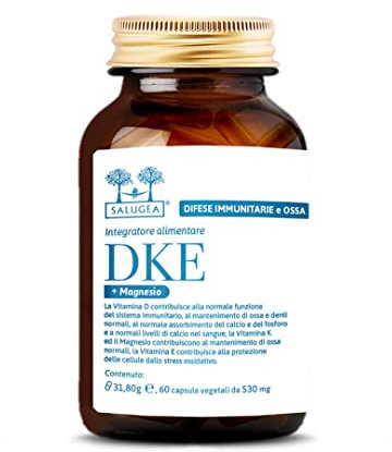 DKE + Magnesio Salugea - Integratore di Vitamine D3, K2, E e Magnesio - 100% Naturale - 60 Capsule Vegetali - Flacone in Vetro Scuro Farmaceutico