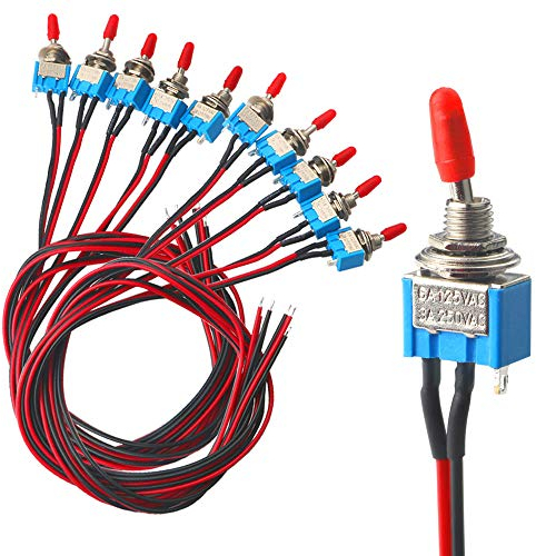 QitinDasen 10Pcs Professionell 3A 250V / 6A 125V Auto Mini Kippschalter mit Vorverdrahtetem, SPST 3-Polig Rocker Toggle Switch, EIN/AUS 2 Position Wippschalter mit Metallhebel