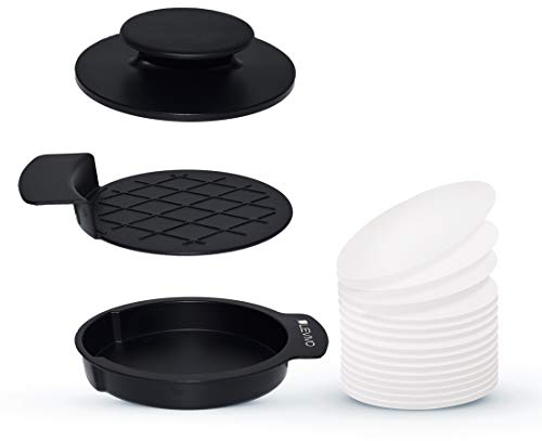 Levivo Pressa per hamburger, 3 pz., piastra di pressatura, estrazione, contenitore principale più 50 fogli antiaderenti, per preparare burger golosi, facile da pulire, Nero