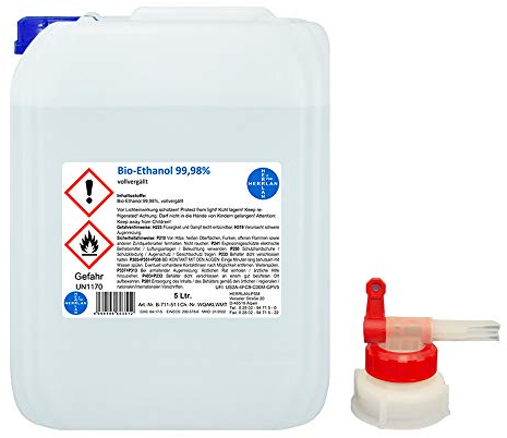 Kamin-Ethanol 99,98% Alkohol-Gehalt, wasserfrei I 5 Liter I reinst, wasserfrei inkl. 1 x AGH I HERRLAN-Qualität I Made in Germany