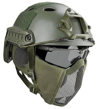 MH Tactical Fast Helmet Combined,with Foldable Ear Protection Half Face Mesh Mask and Goggles for Airsoft Paintball CS Game Set