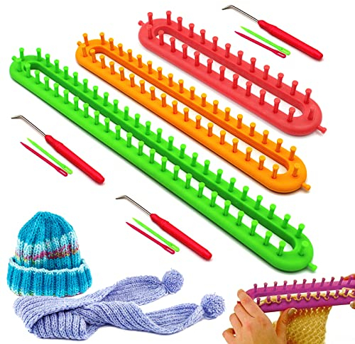 Katech Strickrahmen, 3 Kammzahn Knitting Loom Set mit Haken und Wolle Nadel, Lange Strickrahmen für Socken Mützen Schals Pullis, Klassischen Strickliesel