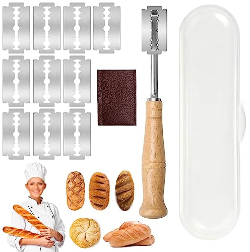 FEIBAMAOYI Taglierino per pane, Lama pane coltello da pane con 10 Lamette acciaio Inossidabile, Maniglia in legno bread lame per DIY Impasto, Intagliare modelli di pane crudo