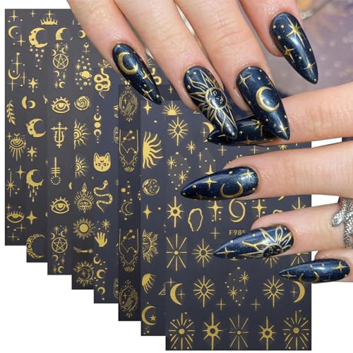 WOOXDYUK 8 Stück metallische silberne Sterne Nagelaufkleber, 3D Sonnenstern Nagelaufkleber, holografische Sonnensterne, Mond, Sternenlicht, DIY Dekorationen (Gold)