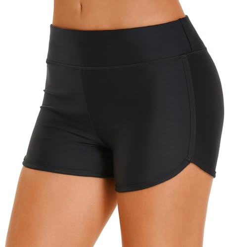 HODOSPORTS Women's 3 High Waisted Swim Board Shorts UPF50+ Quick Dry Swimsuit Bikini Bottoms with Liner Black L
