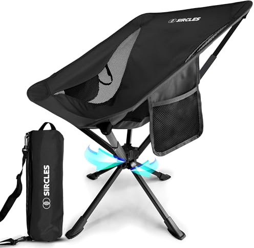 SIRCLES Silla de camping giratoria portátil – Instalación en 8 segundos, plegable en 5 segundos, ultraligera y fuerte, aleación de avión, espaciosa, con 2 bolsas laterales, tela Oxford, camping,