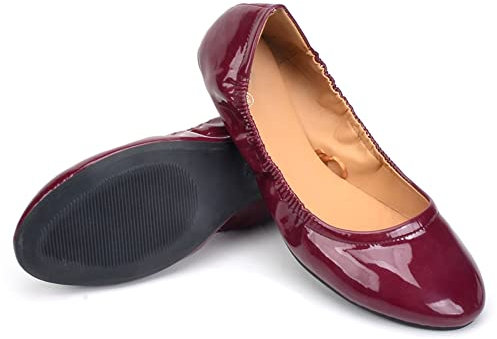 Dernolsea Womens Ballet Flats, Patent Leather Foldable Round Toe Slip On Pumps Elastic Flat Dolly Ballerina Shoes Burgundy Size 6