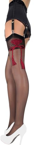 JUST BEAUTY TOUCH Stockings with Patterned Top size S - XL Lycra Sheer for your Legs Red Bow Pattern and Heart 20 Denier Designed to be Worn with a Garter Belt