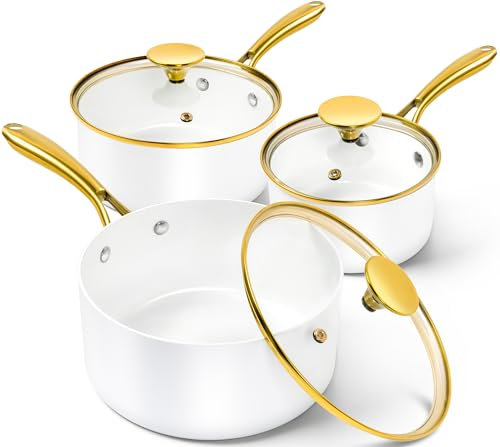 MICHELANGELO Sauce Pan with Lid, Nonstick Ceramic Saucepan Set-1Qt & 2Qt & 3Qt, Small Pots with Ergonomic Handle, Sauce Pans Sets Oven Safe, White
