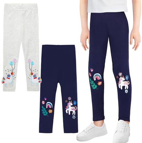 JinBei Flickleggings, 2-pack, småbarn, bomull, långa byxor, elastiska, ventilerande sportleggings med broderi, enhörningsmönster, barn, sportbyxor, aktiva kläder, storlek 92–122
