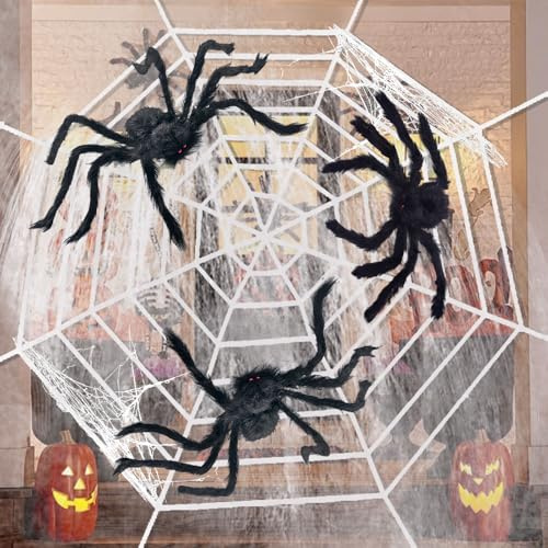 AWAVM Decoración gigante de telaraña de Halloween de 12 pies + tres arañas falsas gigantes de Halloween + mazorca de telaraña elástica de 50 g para decoraciones de Halloween en interiores y exteriores