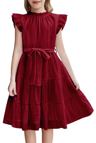 Arshiner Girls Ruffle Sleeve Summer Dress With Ruffle Neck - Elegant A Line Chiffon Party Wear in Solid Color With Belt for Children 5-13 Years