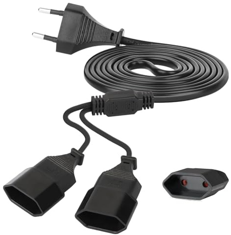 2M Stromkabel Verlängerung Netzkabel, 2-in-1 Verlängerungskabel Typ-C-Stecker Eurostecker auf Doppel Typ-C Euro Buchse，0,75 mm² Max. 2,5A/250V ，geeignet für Computer, Monitor, Beamer,Schwarz