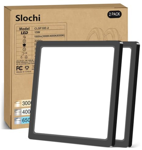 slochi 2Pack LED Ceiling Light, 3000K/4000K/6500K 3 Color Temperature,Waterproof Bathroom Light, Modern Square LED Ceiling Lamp for Bedroom, Kitchen, Hallway, Outside Porch and More(Black)