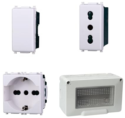Kit Scatola Elettrica IP55, Completa Di Frutti Compatibile Con Vimar Plana, 4 Moduli Presa Schuko + Bipasso + Interruttore, Contenitore Con Coperchio, Da Muro Parete Esterno e Interno