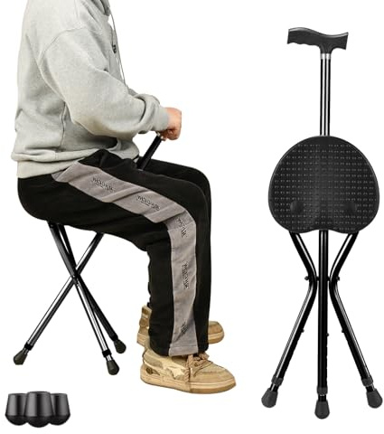 Walking Cane with Seat, Cane with Seat Folding Lightweight,Walking Stick Height Adjustment,Cane Chair for Seniors Balance Supports Up to 330 Pounds,Anti-Slip Walking Stick for Elderly Men, Disabled