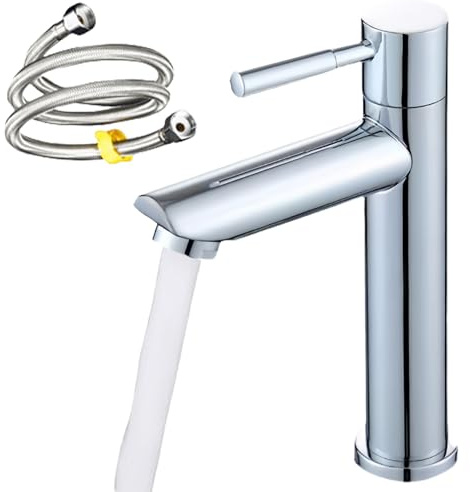 LEKEFETO Kaltwasserhahn Gäste WC: Edelstahl Wasserhahn Bad mit 80cm Anschlussschlauch, Nur Kaltwasser, Wasserhahn Bad Einhebelmischer für Bad, Waschbeckenarmatur, Waschbecken Armaturen Badezimmer