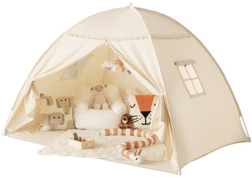 Kids Teepee Tents Indoor: Children's Play Tents Twin-Canopy Bed Toddler Teepee for Boys & Girls - Baby Floor Playhouse Inside Sleeping for Playroom Gift Toys (Cream)
