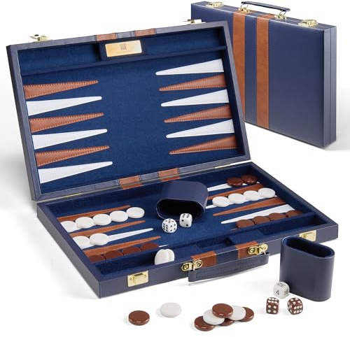 Large Backgammon Sets for Adults, 18 inch Sea Blue Travel Backgammon Board Game Sets, Classic Board Game with Premium Leather Case, Portable Travels Strategy Backgammon Game Set for Adults