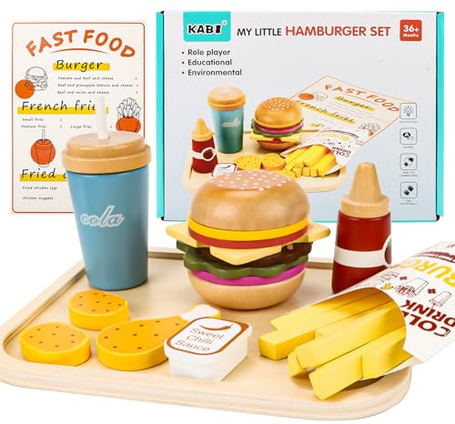Barnkök lekkök tillbehör trä, hamburgare hot dog snabbmat leksak, köksleksak hamburgare snabbmat set, trä livsmedel leksaker, rollspel träleksaker gåva för barn 3+ år
