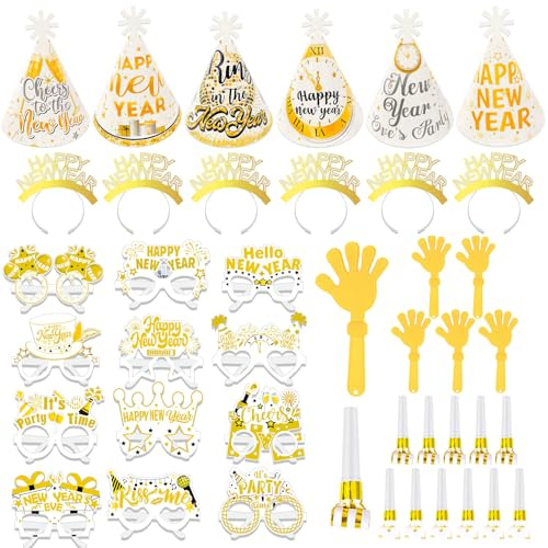 HOWAF Cotillon Nochevieja 2026, Diadema Año Nuevo Happy New Year Sombreros de Cono, Gafas Fin de Año, Aplausos de Mano, Matasuegras para Photocall Nochevieja, Decoracion Fin de Año 2026, Oro Blanco