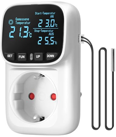 WILAWELS Deutscher Temperaturregler, Steckdose 230V mit Fühler, Temperaturschalter digital, Thermostat-Steckdose, VA-LCD-Display, 4 Zeitmodi, für Gewächshäuser, Kühlschränke, Aquarien, ZW01TCD06W1