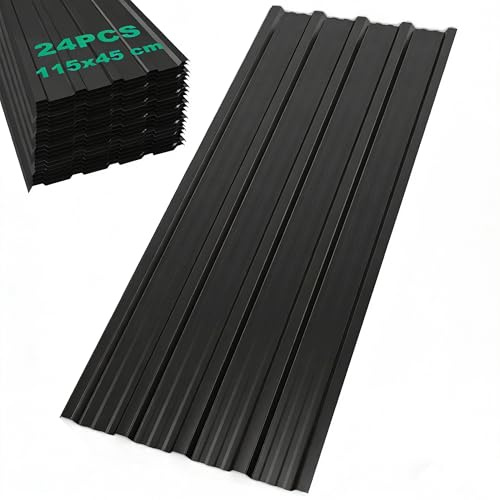SROCHN 24PCS Metal Roofing Sheets 115x45CM, Black Pattern Galvanized Steel 0.25mm Corrugated Roof for Carports Tool Sheds Greenhouse Wall Cladding