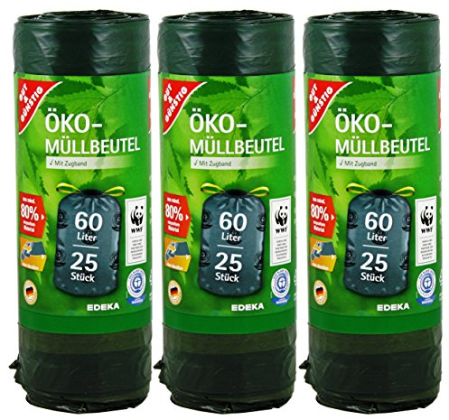 Öko Müllbeutel mit Zugband - 60 Liter - 75 Stück - Besonders Reißfest & Flüssigkeitsdicht - Blauer Engel Zertifikat 3er Pack (3x25 Stück)