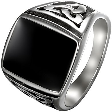 Flongo Anillo De Compromiso Para Hombre: Anillo De Sello Grande - Piedra Preciosa Negra - Diseño Vintage - Acero Inoxidable - Plata Negra