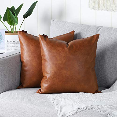 Mandioo 2er Set aus Kunstleder Kissenbezug Dekorativen Quadratisch Überwurf Kissenbezüge Kissen für Sofa Schlafzimmer 18x18, 45 x 45 cm,Braun