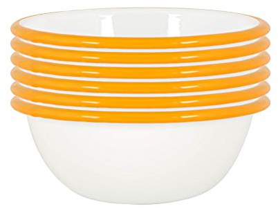Argon Tableware Coloured Pasta Bowls - 16cm - Pack of 6 - Yellow Metal Enamel Cereal Lightweight Camping Serving Bowls for Snacks, Pasta, Cereal, Salad