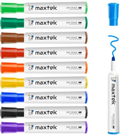 maxtek Whiteboard Markers Bullet Tip, Dry Wipe Pens for White board Flip Chart, Low Odor Whiteboard Pens, White Board Markers Erasable for School Office Home - Assorted Colours (Pack of 10)