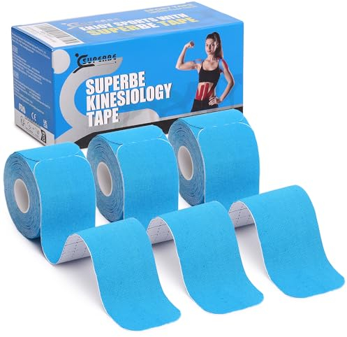 SUPERBE Precut Kinesiology Tapes (3 Rolls Pack), Sports Tape Muscle Tape for Pain Relief, Muscle Support, Recovery and Physio Therapy (Blue)