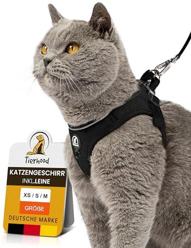 Tierhood - Katzengeschirr Set mit Leine für kontrollierte Freiheit - Softgeschirr - Komfortabel, Einstellbar & Robust - Geschirr für aktive Katzen (Schwarz, Größe S)